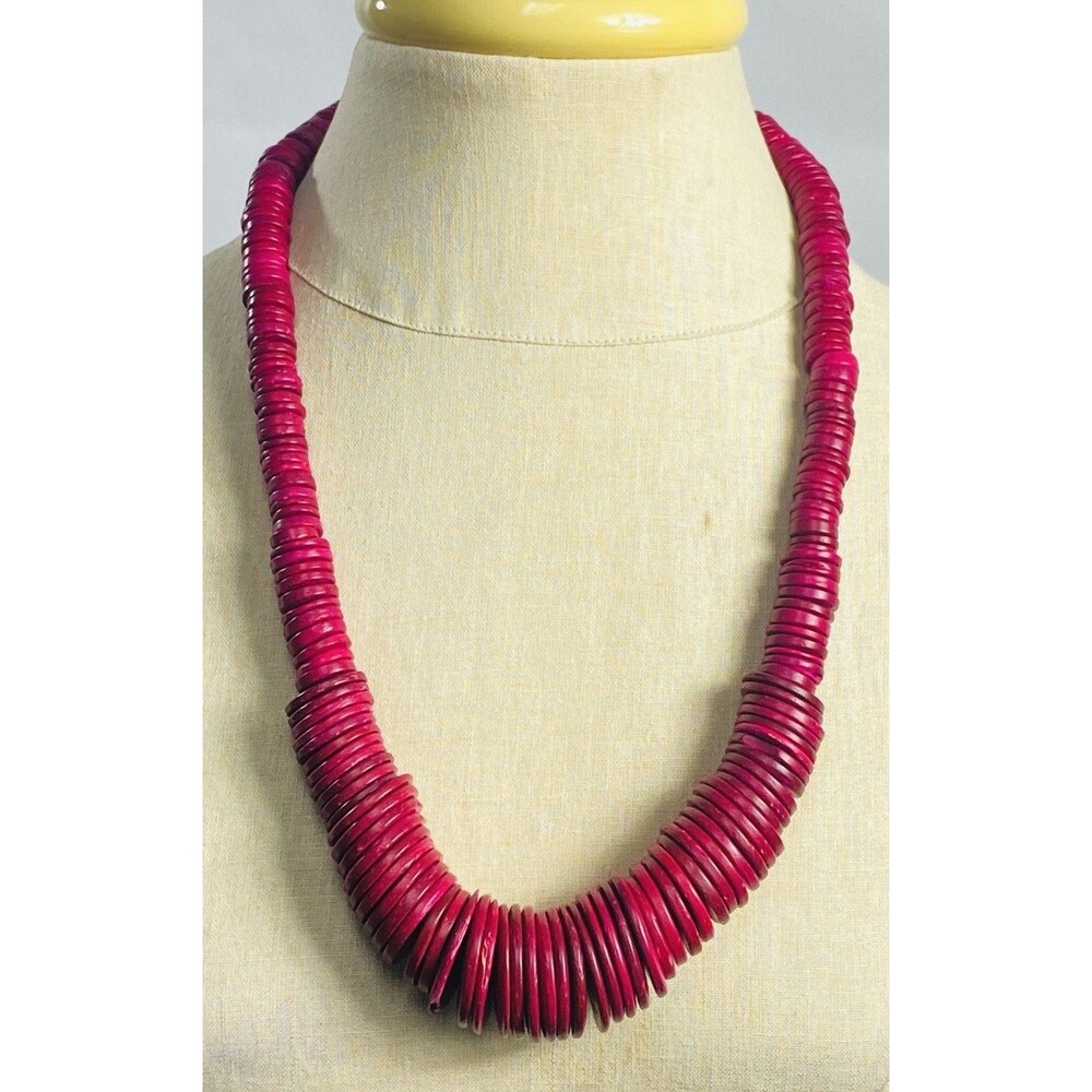 RARE Vintage 60s Boho Red Wood Disc Necklace Tribal Statement 26” Rosewood